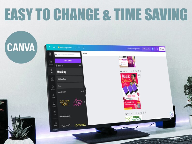 Puede incluir: Una captura de pantalla del sitio web de Canva que muestra una plantilla de dise&ntilde;o para un anuncio de lanzamiento de libro. La plantilla presenta un fondo rosa con una foto de una mujer que lleva un vestido rosa y sostiene un libro. El texto "Book Release" est&aacute; escrito en letras blancas sobre un fondo morado. El texto "Golden Hour" y "You're Invited!" tambi&eacute;n son visibles en la pantalla.
