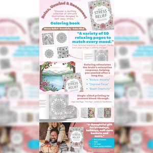 May include: A promotional image for an adult coloring book titled "Adult Stress Relief." The book features intricate illustrations and is designed to help reduce stress and improve focus. The image includes text highlighting the book's features and benefits.