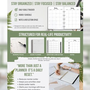 Puede incluir: Una agenda con un seguimiento de objetivos diarios, horario por horas y secci&oacute;n de notas. La imagen incluye el texto "Mantente organizado, mantente enfocado, mantente equilibrado" y "M&aacute;s que una agenda, es un reinicio diario."