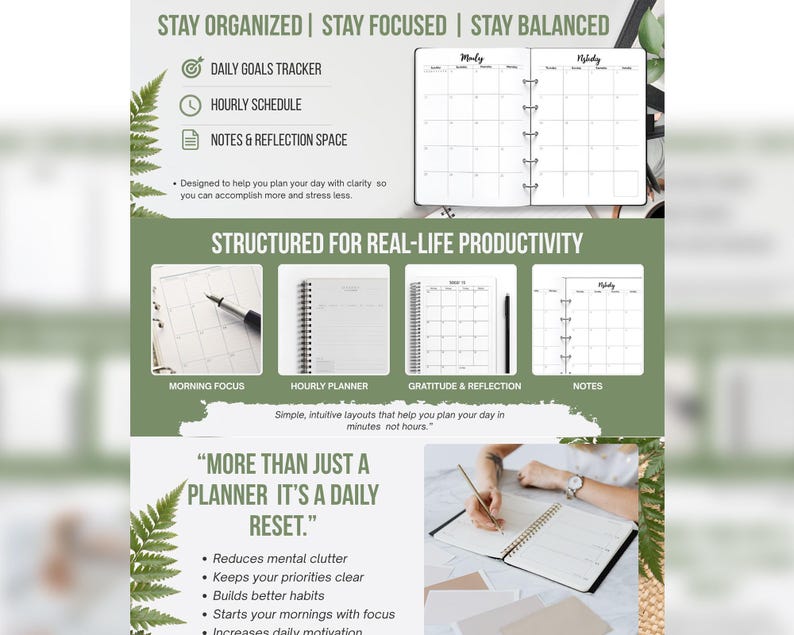 Puede incluir: Una agenda con un seguimiento de objetivos diarios, horario por horas y secci&oacute;n de notas. La imagen incluye el texto "Mantente organizado, mantente enfocado, mantente equilibrado" y "M&aacute;s que una agenda, es un reinicio diario."