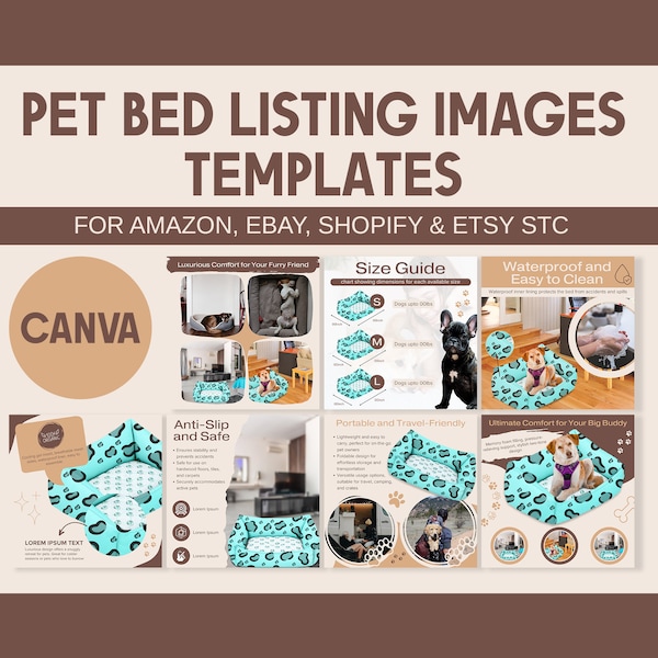 pet bed product listing images, pet bed best seller templates, pet bed listing images, amazon templates, CANVA editable, product templates