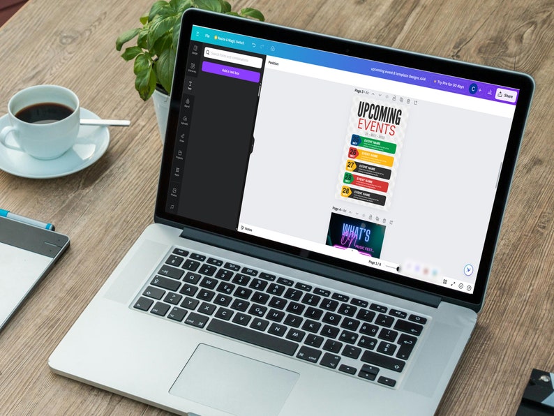 Op de afbeelding: Een laptopcomputer waarop een website wordt weergegeven voor het maken en bewerken van evenementenposters. De website heeft een lichtgrijze achtergrond met een wit tekstvak met de tekst "Upcoming Events" en een kleurrijke afbeelding met de tekst "What's Up?" in neonroze letters. De laptop staat op een houten tafel met een kopje koffie en een notitieblok.