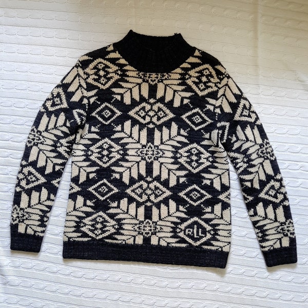 Vintage Hand Knit Ralph Lauren Black And White Wool Aztec Snowflake Holiday Sweater RRL RLX Polo Resort Wear Ski Sweater