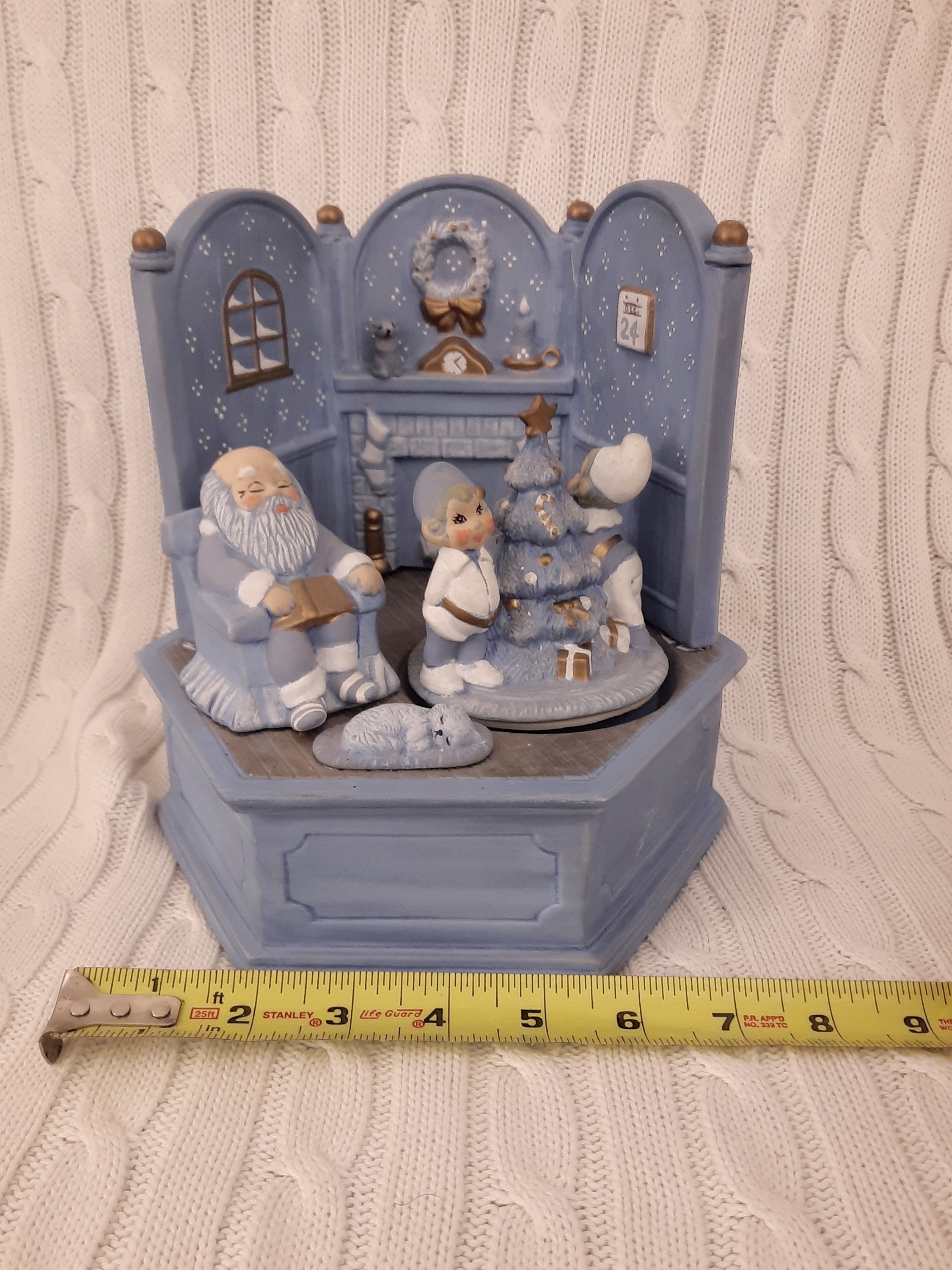 Vintage Blue Christmas Music Box Santa & Elves AS IS With