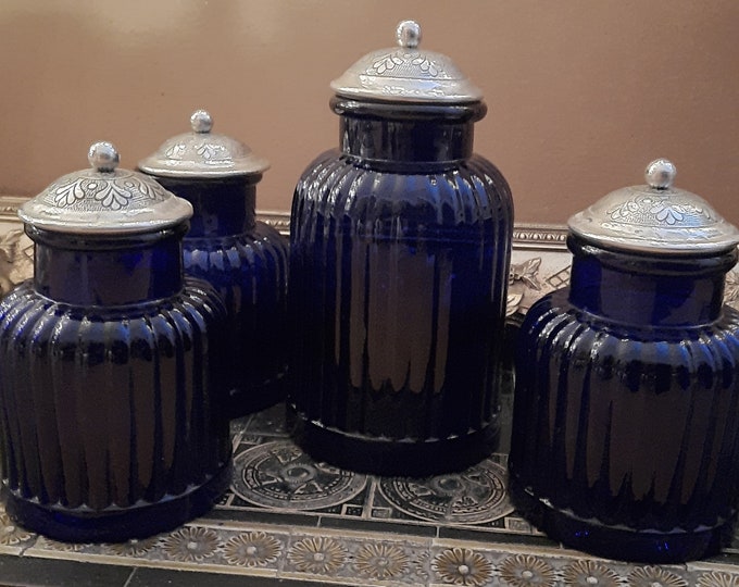 Vintage Artland Cobalt Blue Ribbed Glass Canister Set Of 4 Etsy