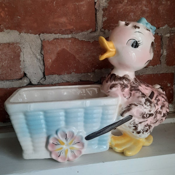 Vintage Fine A Quality Easter Duck With Bow Pushing Cart Planter Retro Home Decor MCM 50s 60s Kitsch
