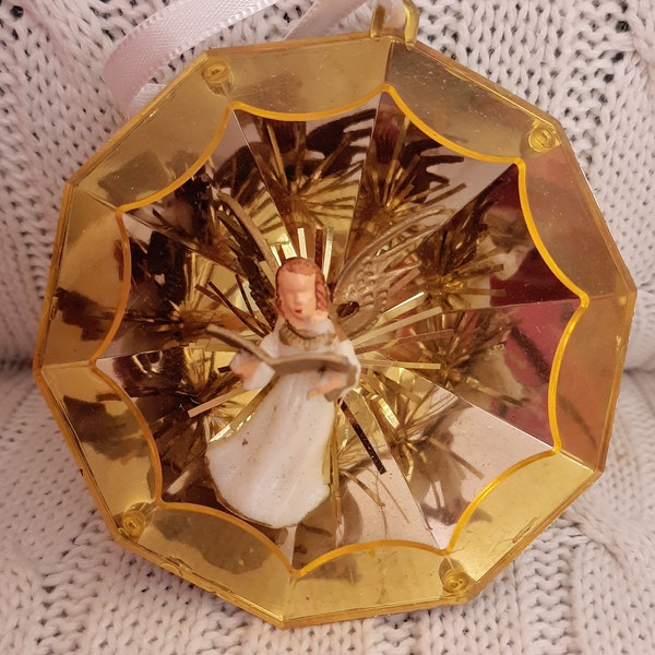 Vintage Piece Of Yellow Jewel Brite With Angel Christmas Ornament MCM 50s 60s festive Home Decor Retro