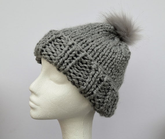 grey beanie hat with bobble
