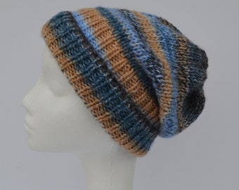 Blue striped beanie. Blue, grey, tan knitted hat. Chunky blue knit hat.  Hand knit acrylic hat. Winter hat. Blue slouchy hat. Ladies gift.