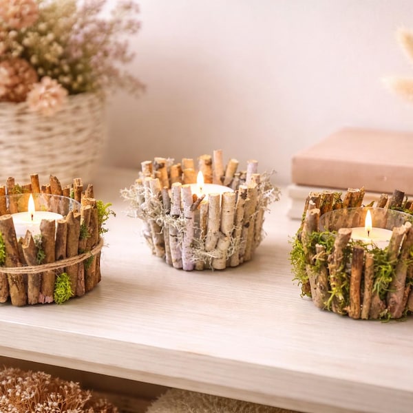 Handmade Twig Candle Holders, Forest Moss Altar Decor, Rustic Woodland Home
