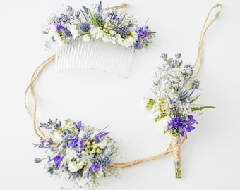 Dried Lavender Babies Breath Hair Comb. Comb in the bride's hair, groom's boutonniere, bride's boutonniof lavender and thistle.