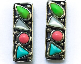 Small Multistone Bar Stud Earrings Sterling Silver - turquoise pink coral onyx earrings, post earrings with stones