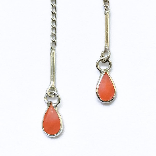Delicate Coral Threader Earrings Sterling Silver - tiny lightweight threader earrings with orange stones, small thread earrings