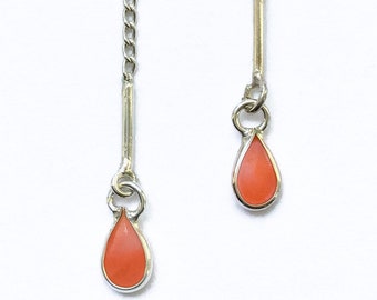 Delicate Coral Threader Earrings Sterling Silver - tiny lightweight threader earrings with orange stones, small thread earrings