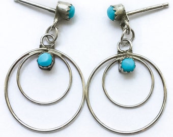 Silver Blue Turquoise Dangle Earrings - Zuni jewelry, blue turquoise jewelry, unique earrings with stones, 1970s fashion