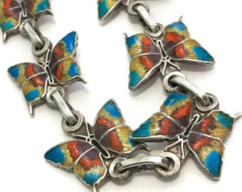 Aqua Butterfly Chain Bracelet 980 silver - 980 Taxco bracelet, sterling silver butterfly bracelet, sterling silver chain, 1970s bracelets