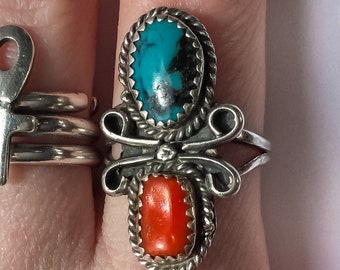Sterling Silver 1970s Stones Ring size 6 - vintage turquoise cora rings, rough stone rings size 6, large turquoise ring, 1970s jewelry