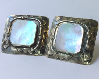 Iridescent Stone Snake Earrings Sterling Silver - vintage abalone earrings, iridescent jewelry, large stud earrings