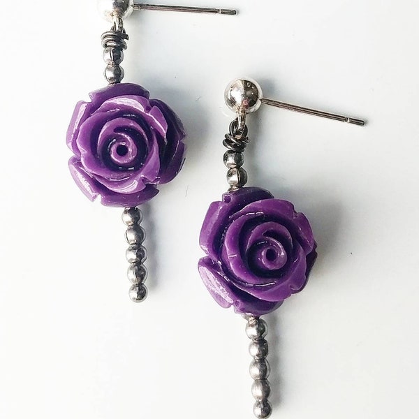 Purple Flower Drop Earrings ON SALE - purple rose earrings for girls, tween jewelry, princess costume jewelry, belle costume earrings