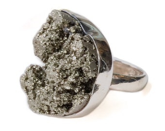 Huge Pyrite Ring Sterling Silver size 6 - large druzy ring, meterorite ring, vintage silver ring 6, crescent ring, unusual stone ring size 6