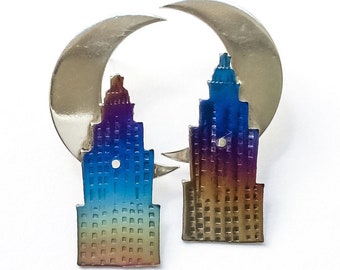 Moon on Rockefeller Center Earrings Sterling Silver - vintage city scene earrings, vintage NYC night sky earrings, vintage art deco earrings