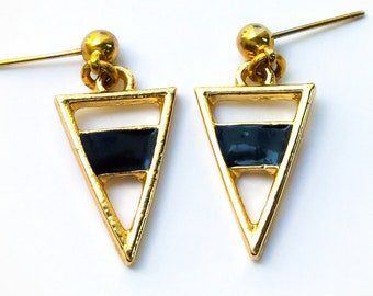 Black + Gold Triangle Earrings - gold tone earrings, enamel earrings, geometric earrings, minimalist earrings, black enamel earrings