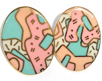 Large Modern Art Post Dangle Earrings - 1980s earrings, gold pink teal enamel earrings, vintage modernist earrings