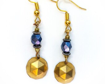 Geometric Dangle Earrings - gold-tone hexagon earrings, broyal blue dangle earrings, boho crystal earrings, long goldtone earrings