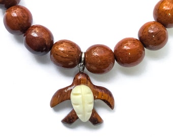 Wood Turtle Stretch Bracelet w faux shell - wood jewelry, turtle bracelet, wood beads bracelet mens bracelets for boys, vsco style