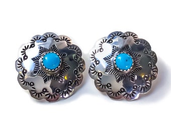 Sterling Silver Turquoise Concho Earrings ON SALE - turquoise stud earrings, large stud earrings native American western jewelry