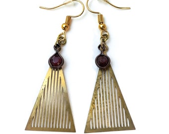 Brass Pyramid Dangle Earrings gold-tone ON SALE - handmade triangle earrings lightweight, dark red crystal, large triangle earrings brass