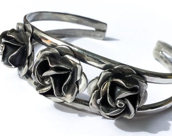 Sterling Silver Roses Bracelet - botanical jewelry, vintage flower cuff bracelet, silver roses jewelry