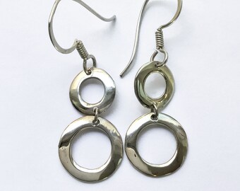 Modernist Circle Dangle Earrings Sterling Silver - vintage loop dangle earrings silver, geometric jewelry, sterling lightweight earrings