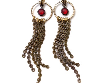 Cyberpunk Dangle Earrings ON SALE - extra long bronze chain earrings, crimson red earrings, steampunk jewelry, large brass earrings