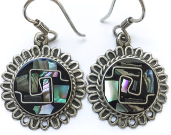 Silver Aztec Dangle Earrings - sterling silver psychedelic earrings, botanical jewelry, trippy earrings, iridescent stone earrings