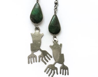 Stone Alien Dangle Earrings Sterling Silver - weird vintage jewelry, odd vintage earrings, long dangle earrings sterling silver malachite