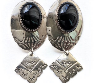 Huge Onyx Concho Earrings Sterling Silver - vintage black stone earrings silver, native american jewelry, large dangle earrings