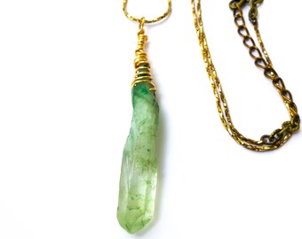 Large Green Quartz Point Necklace- light green crystal point, wire wrapped crystal necklace, handmade necklace, long quartz point