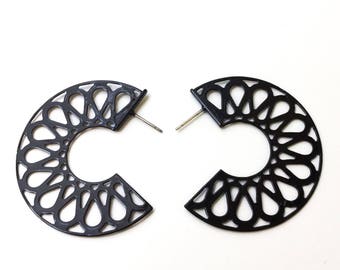 Unique Black Metal Hoop Earrings - black hoop earrings, vintage hoop earrings black, wide black hoop earrings, wide hoop earrings