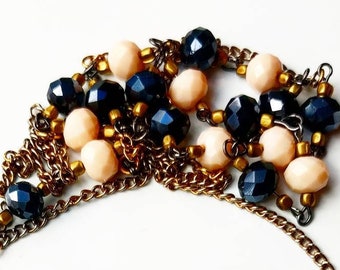 Brassy Lady Chain Set - handmade brass necklace, bronze necklace, vintage jewelry set, pastel pink, navy blue glass necklace