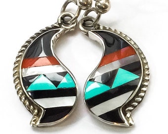 Zuni Multi Stone Inlay Earrings Sterling Silver - turquoise jewelry, coral onyx native American earrings vintage, inlay dangle earrings