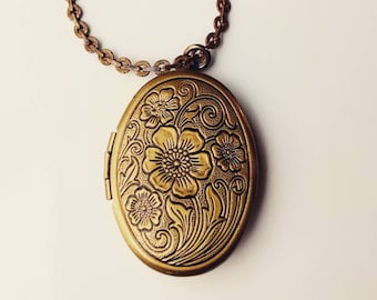 ON SALE Etched Flower Locket - Handmade bronze locket, memory locket, photo locket, floral stash necklace, antique brass locket