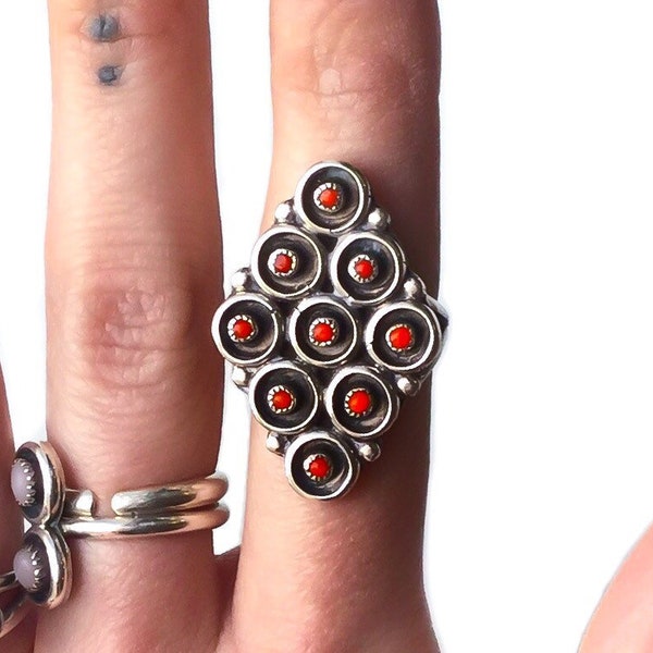 Sterling Silver Red Coral Ring, size 5 - vintage multistone ring, large coral ring 5, Native American jewelry, vintage ring with many stones