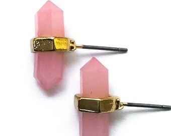 Small Rose Quartz Point Stud Earrings gold plated - hexagon stone post earrings, raw quartz point earrings, pale pink stones