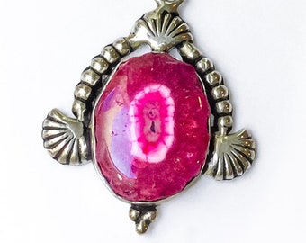 Hot Pink Geode Necklace Sterling Silver ON SALE -  large gemstone necklaces, solar agate pendant necklace, rough stone pendant