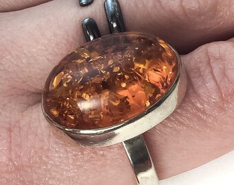 Vintage Amber Ring size 6 - vintage sterling silver rings size 6, large amber rings, vintage stone jewelry, modernist rings, 1970s rings