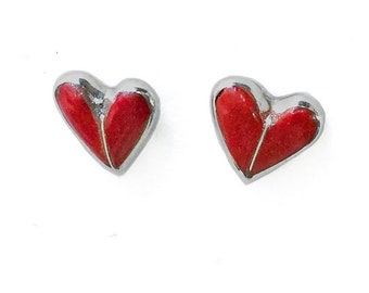 Red Heart Stud Earrings Sterling Silver ON SALE  - vintage brutalist love earrings, small stone earrings, post earrings, brutalist jewelry