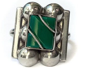 Sterling Silver Malachite Ring size 5.75 - vintage mexico rings, 1970s rings size 6, large square rings 5, modernist rings