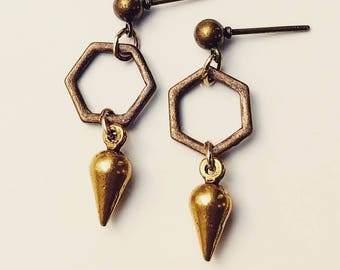 Bronze + Gold Bell Earrings - antique brass earrings, vintage geometric earrings, gold teardrop hexagon earrings, antique gold jewelry