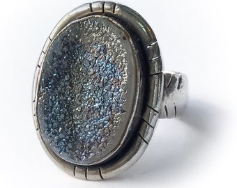 Large Druzy Stone Ring Sterling Silver size 7 - iridescent stone rings, unusual vintage jewelry, unique stone rings 7